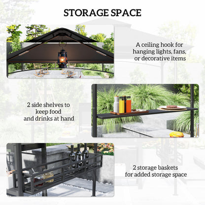 8' x 5' Barbecue Gazebo, 2-Tier BBQ Gazebo with 2 Side Shelves, Storage Basket, Hanging Hooks, Dark Grey
