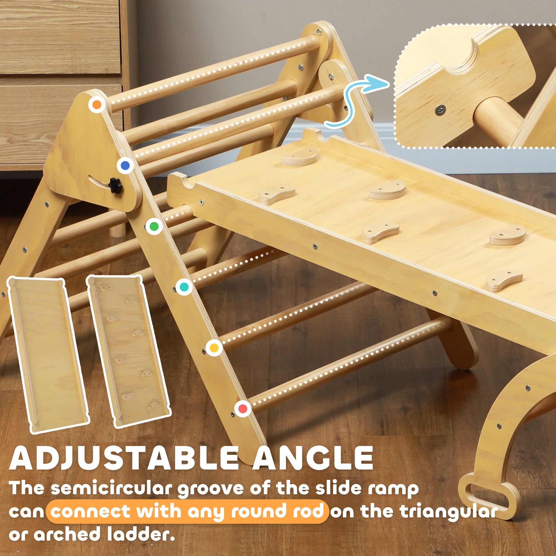 Qaba 5 in 1 Pikler Triangle Set with Ladder, Ramp, Arch, for 18-48 months, Nature Wood