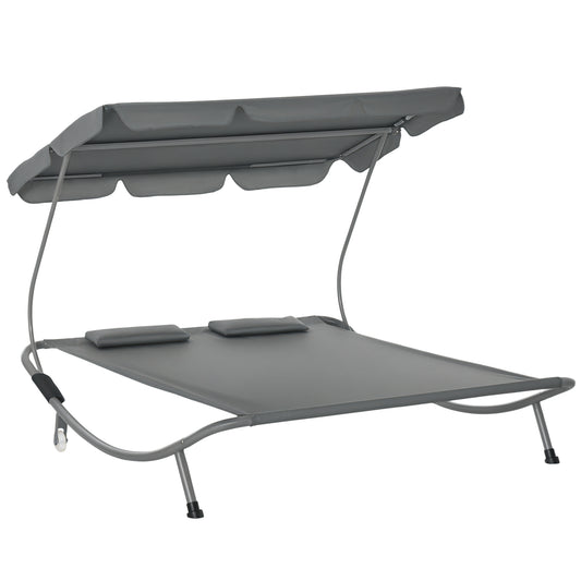 Double Patio Lounger with Adjustable Canopy, Outdoor Daybed Hammock Lounger with Headrest Pillows, Two Moving Wheels for Poolside, Garden, Grey