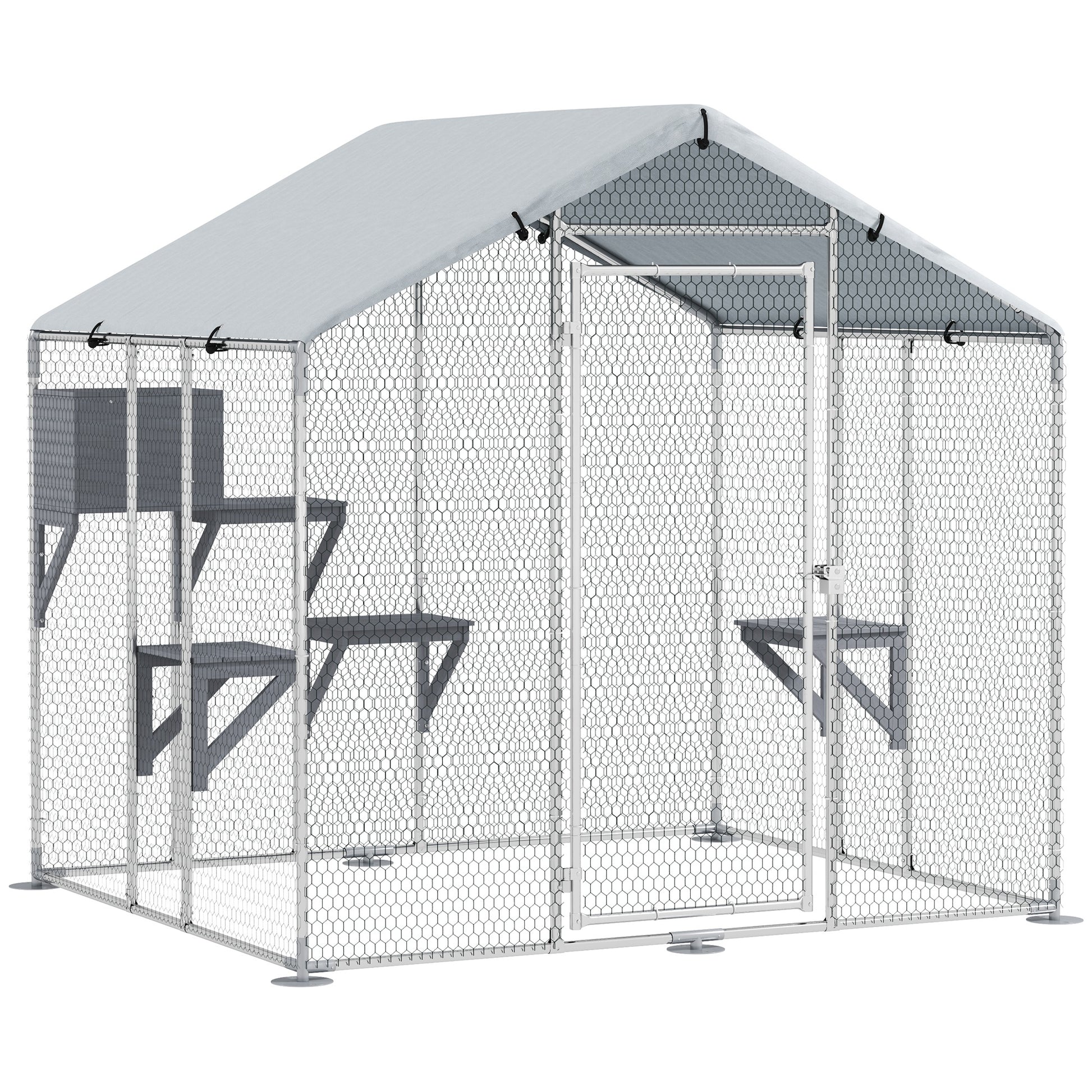 79" Extra Large Metal Outdoor Catio with Waterproof Cover, Resting Box, 4 Platforms, for Multiple Rabbits, Chicken