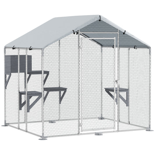 79" Extra Large Metal Outdoor Catio with Waterproof Cover, Resting Box, 4 Platforms, for Multiple Rabbits, Chicken