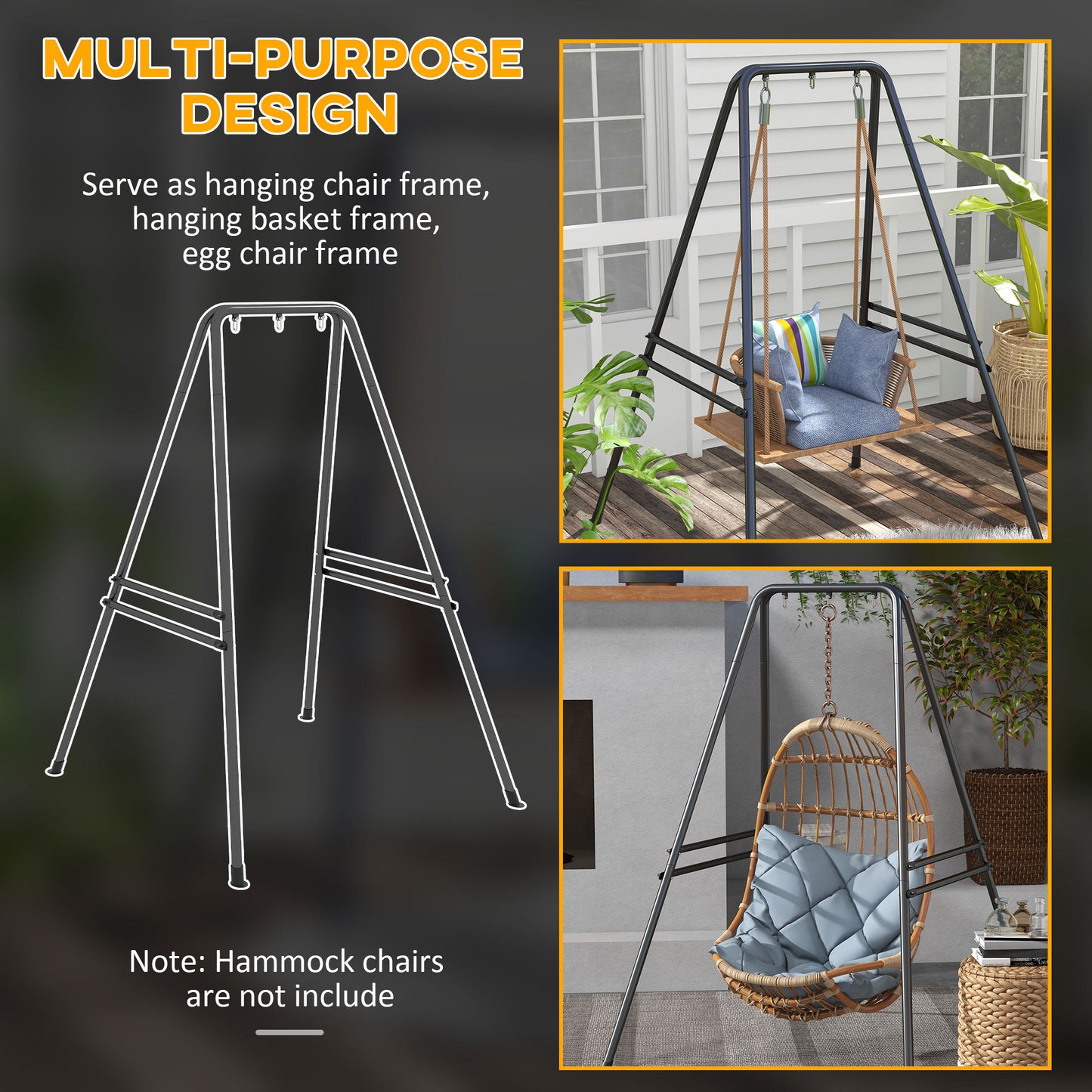 Hammock Chair Stand, Hanging Heavy Duty Metal Frame Hammock Stand for Hanging Hammock Air Porch Swing Chair, Egg Cahir, Indoor & Outdoor Use, 48.8" x 56.3" x 70.9" Black
