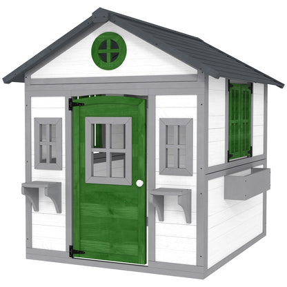 Wooden Playhouse for Kids Outdoor with Door, Windows, Planter Pots and Boxes for Toddlers 3-8 Years, White