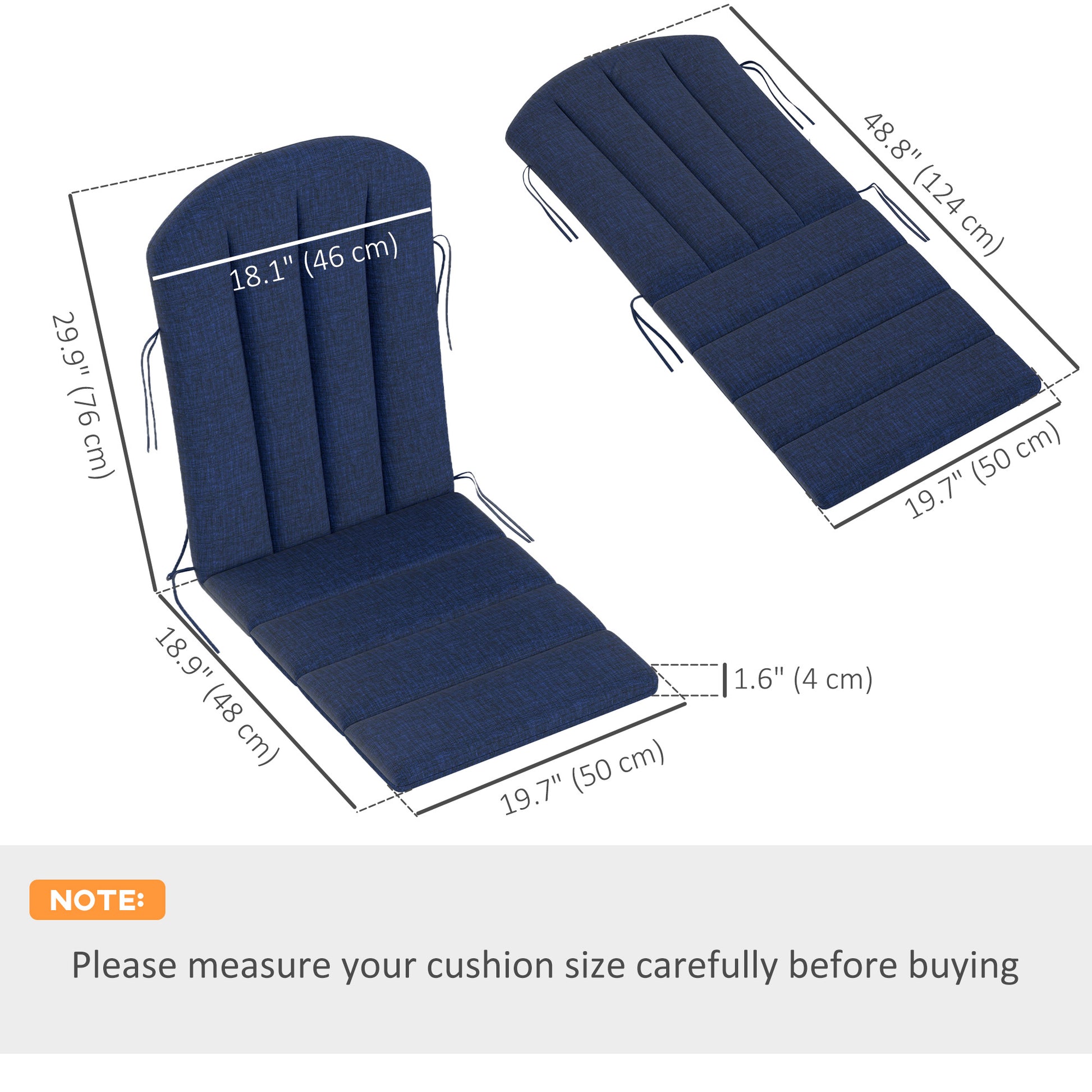 Set of 2 Patio Chair Cushions, High Back Adirondack Chair Cushion with Ties, High-Density Foam, Navy Blue