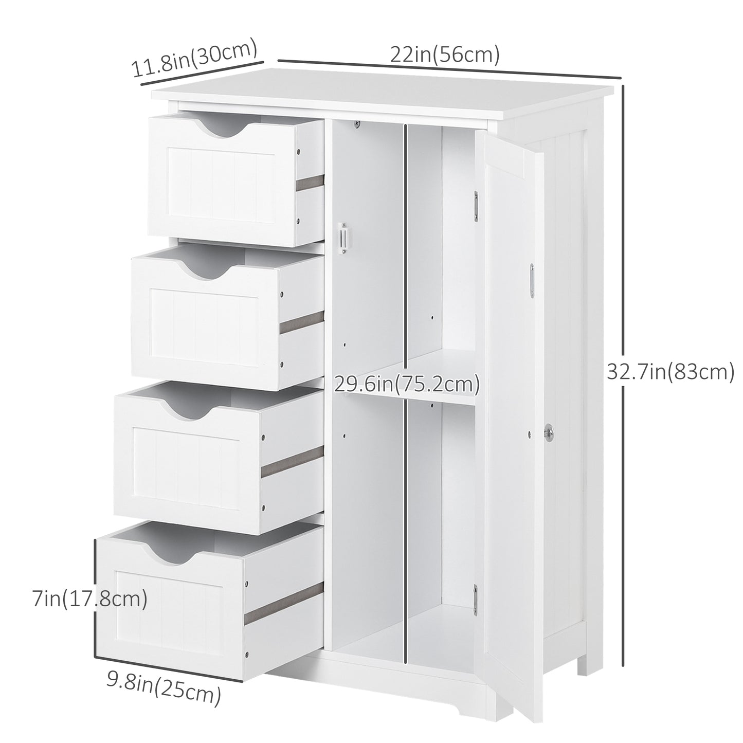 Bathroom Storage Cabinet, Floor Cabinet with Adjustable Shelf and 4 Drawers, Side Cabinet for Washroom, White