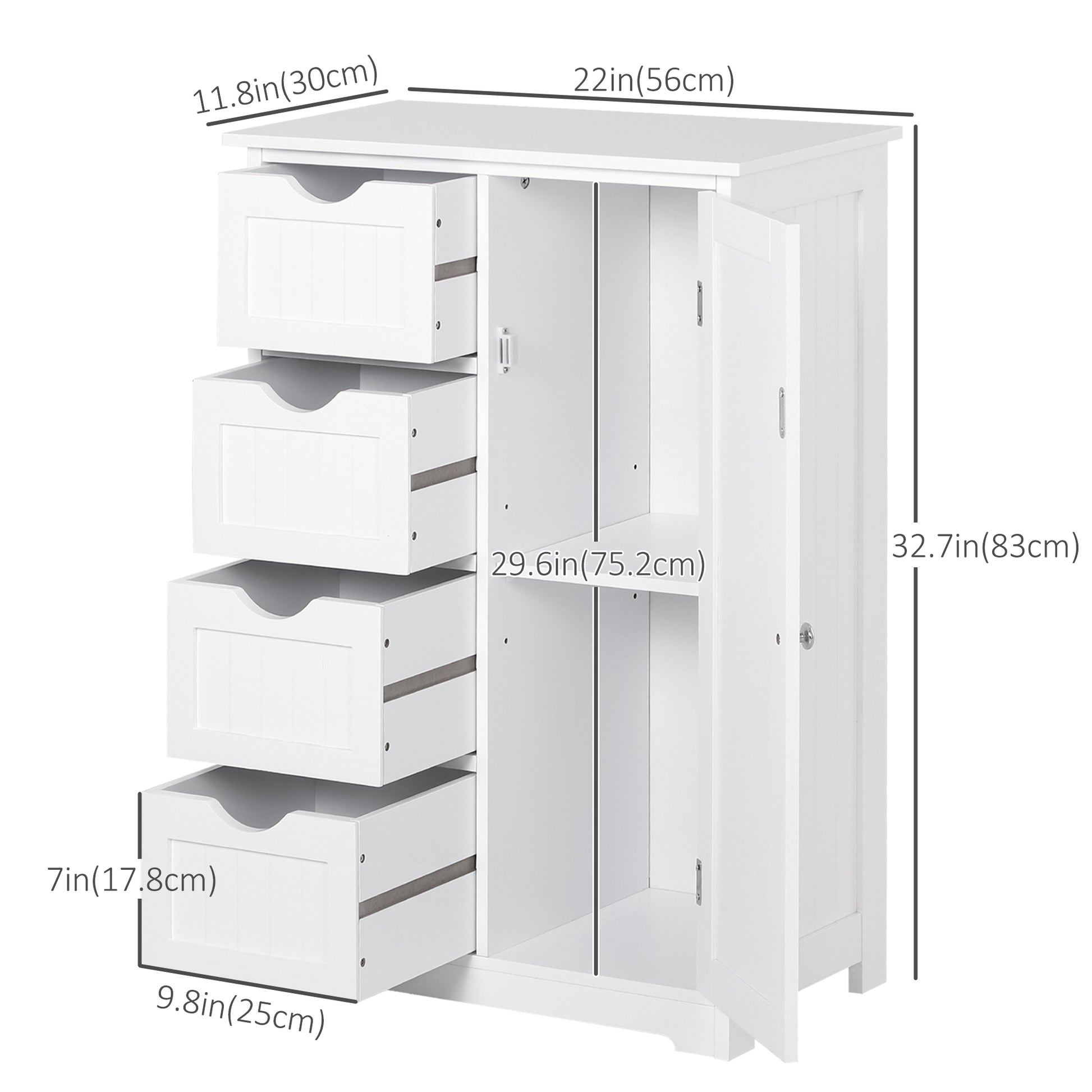 Bathroom Storage Cabinet, Floor Cabinet with Adjustable Shelf and 4 Drawers, Side Cabinet for Washroom, White