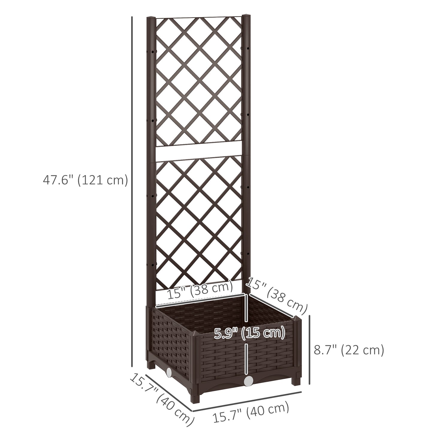 Raised Garden Bed with Trellis, Plastic Raised Flower Bed with Drainage Holes and Drain Plugs, 16" x 16" x 48"