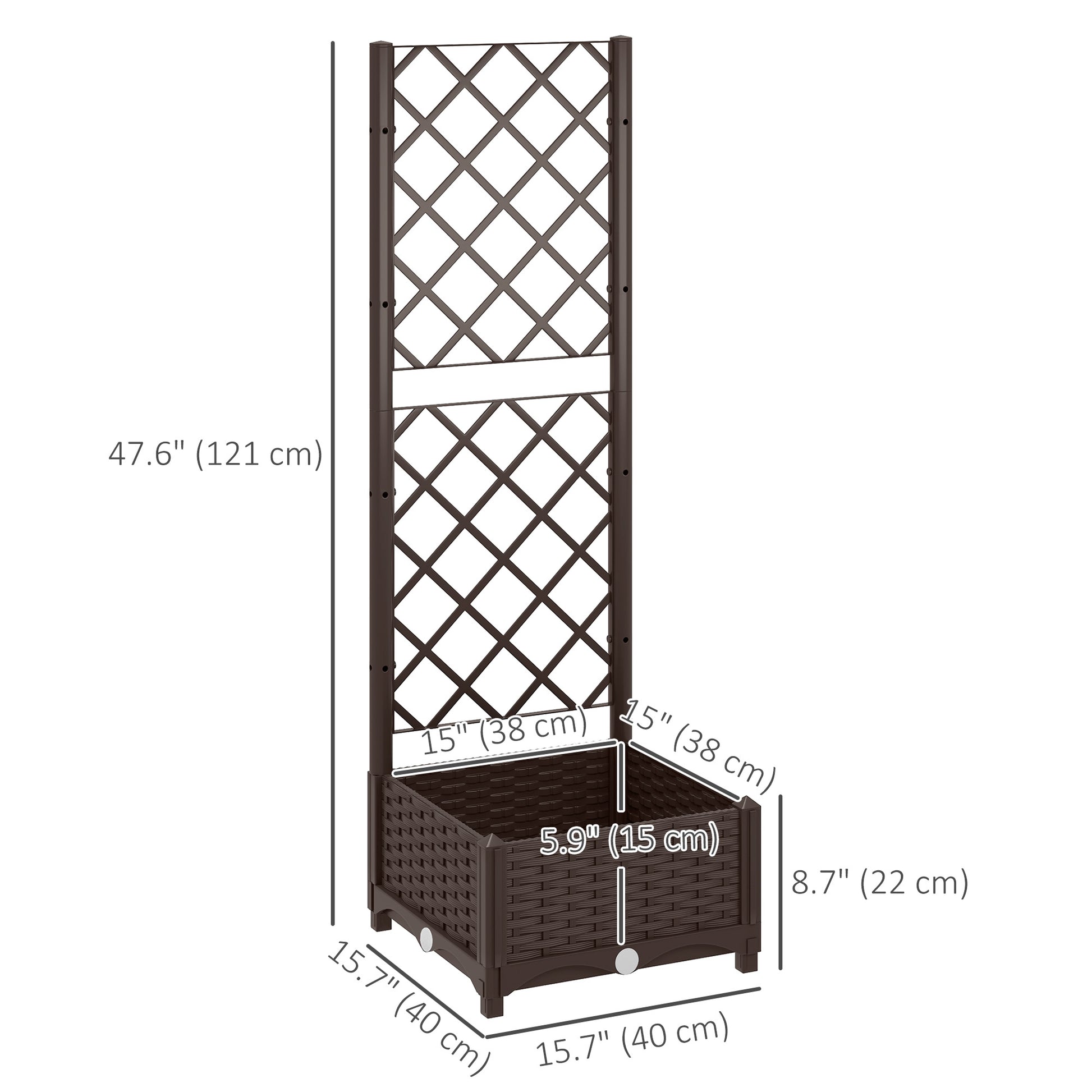 Raised Garden Bed with Trellis, Plastic Raised Flower Bed with Drainage Holes and Drain Plugs, 16" x 16" x 48"