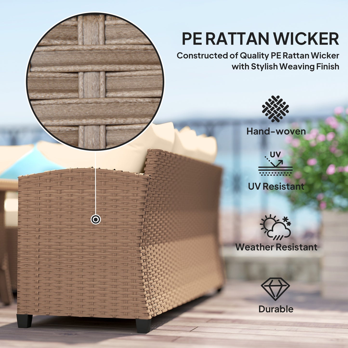 6 Pieces Patio Furniture Set, Outdoor Wicker Sofa Set, All Weather PE Rattan Conversation Furniture, with Strip Wood Grain Plastic Coffee Table & Cushions, Khaki