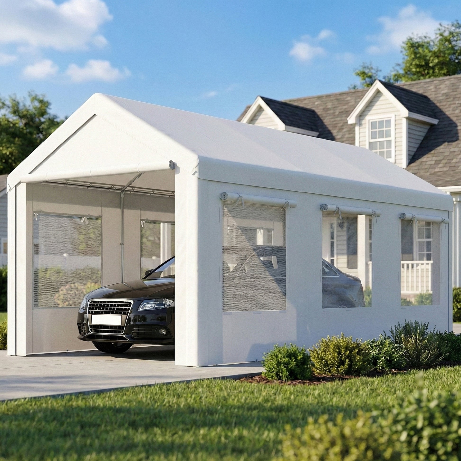 10' x 20' Heavy Duty Carport, Height Adjustable Portable Garage Car Canopy Tent Shelter with Doors, Windows, White