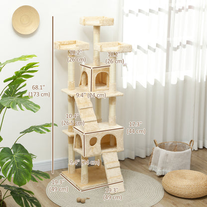 68-inch Multi-Level Cat Scratching Tree Kitty Activity Center Post Tower Condo Pet Furniture w/ Toy Beige