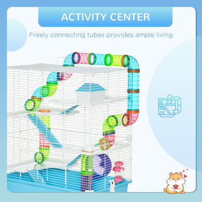 23" Large Hamster Cage, Small Animal House, 5-Level Gerbil Haven, Tunnel Tube System, with Water Bottle, Exercise Wheel, Food Dish, Ramps, 2 Doors, Light Blue