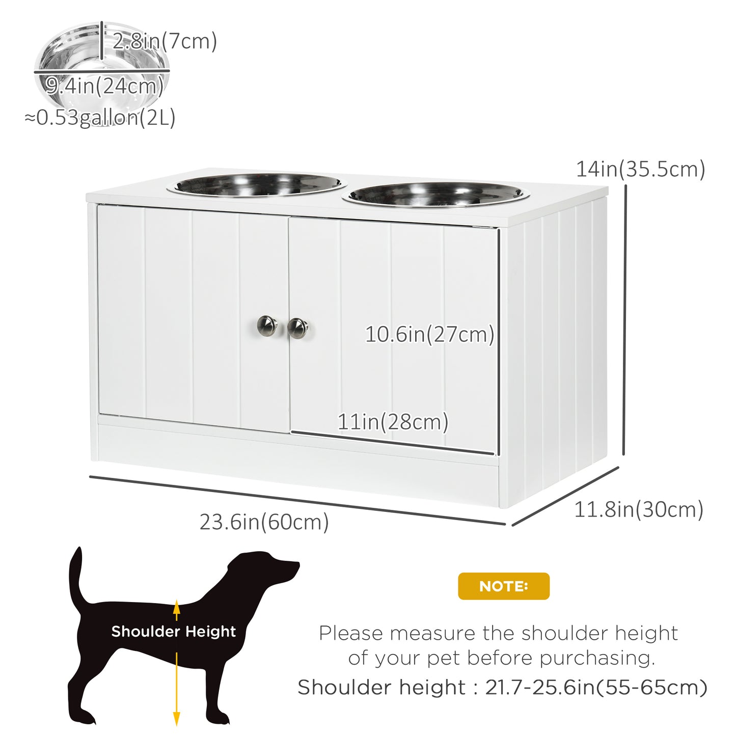 Elevated Dog Bowls for Large Dogs Pet Feeding Station with Stand, Storage, 2 Stainless Steel Food and Water Bowls, White, 23.6" x 11.8" x 14"