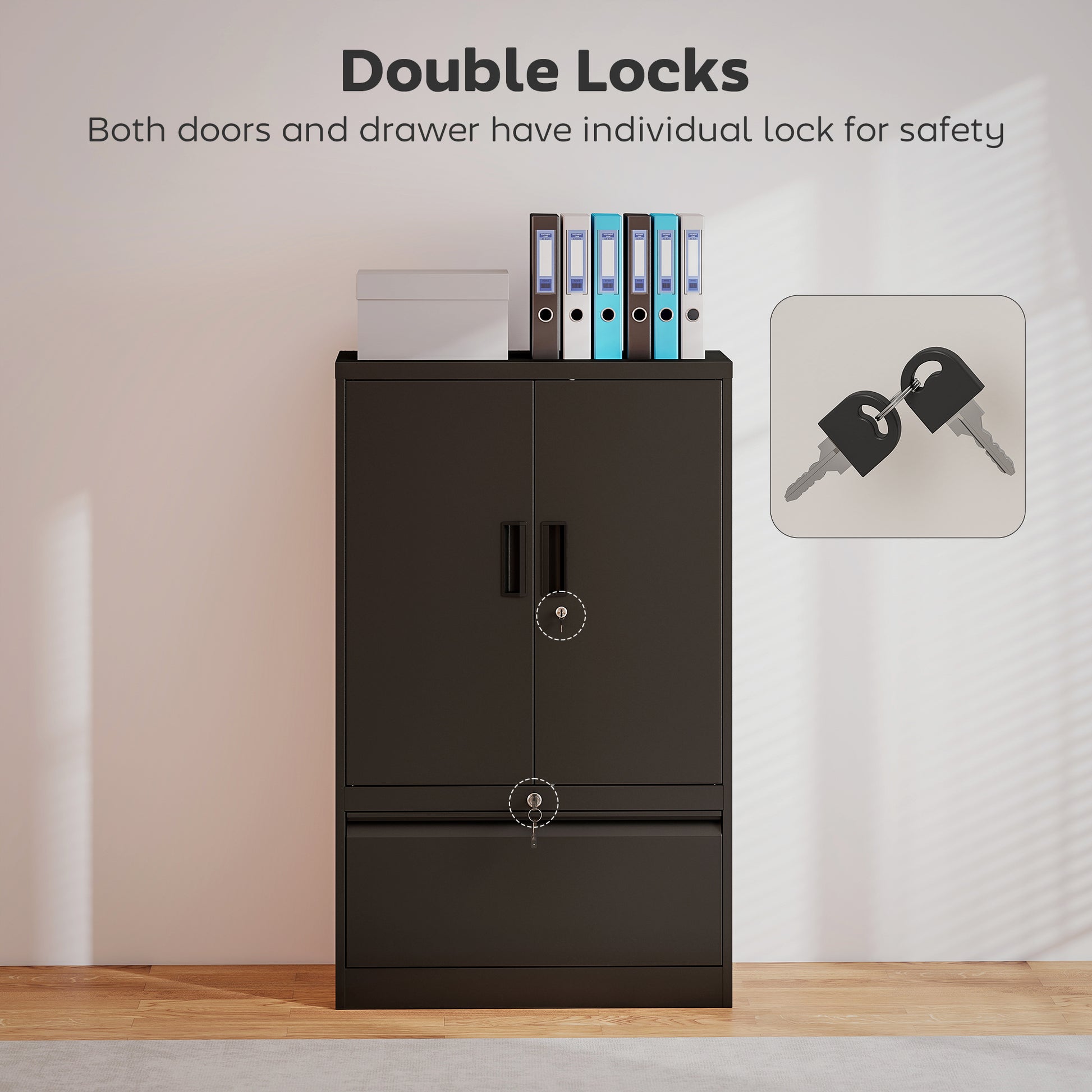Lateral Filing Cabinet, Metal Storage Cabinet, Garage Cabinet with Double Locks, Adjustable Shelf and File Drawer, Black