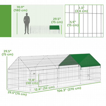 Metal Chicken Coop with UV-Resistant Cover for Rabbits, Ducks, Turtles, Guinea Pigs, 106" x 29.5" x 29.5", Green