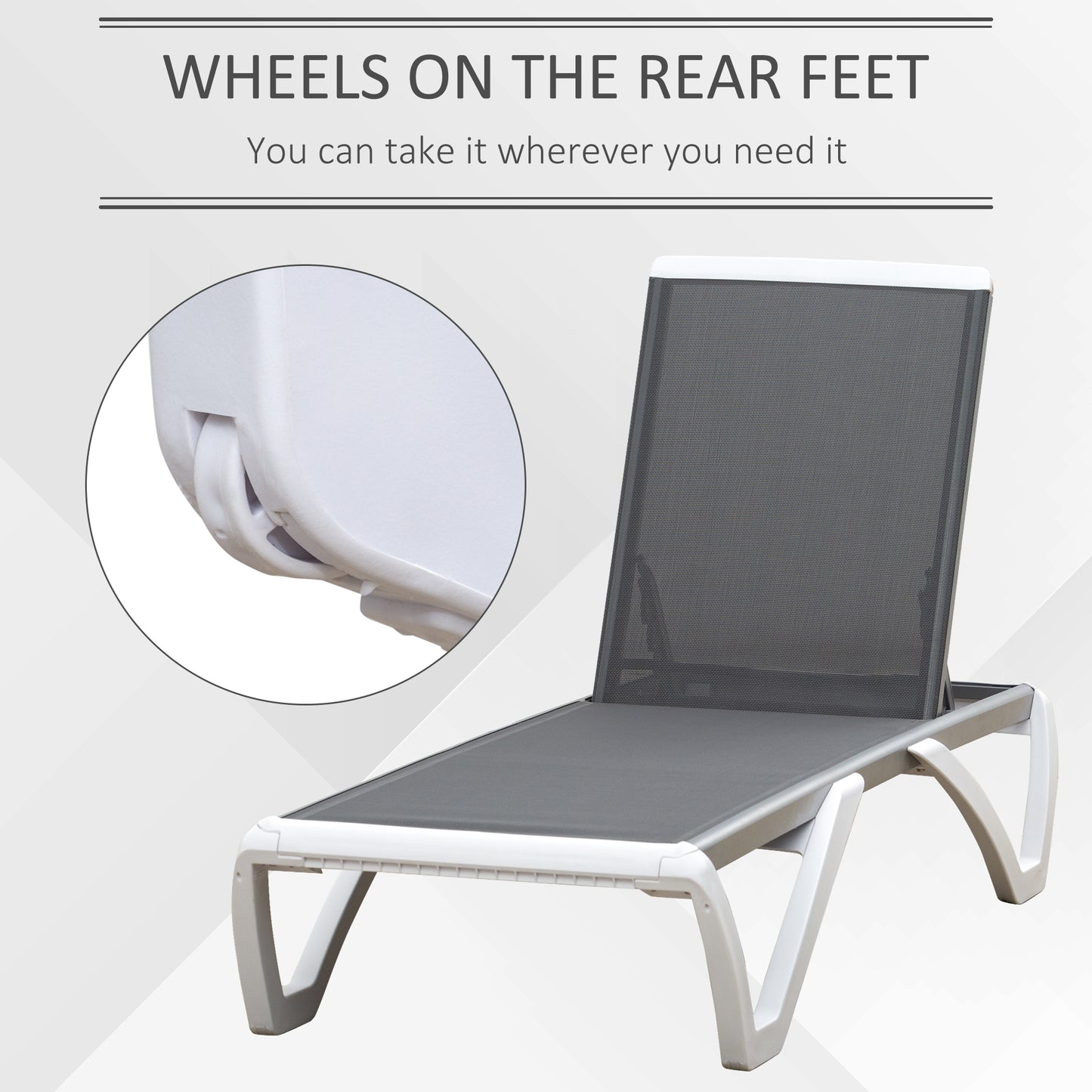 Outdoor Chaise Lounge Chair, Patio Aluminum Tanning Chair with 5-Level Adjustable Back, Portable Wheels, Breathable Mesh Fabric, for Pool, Deck, Garden, Grey