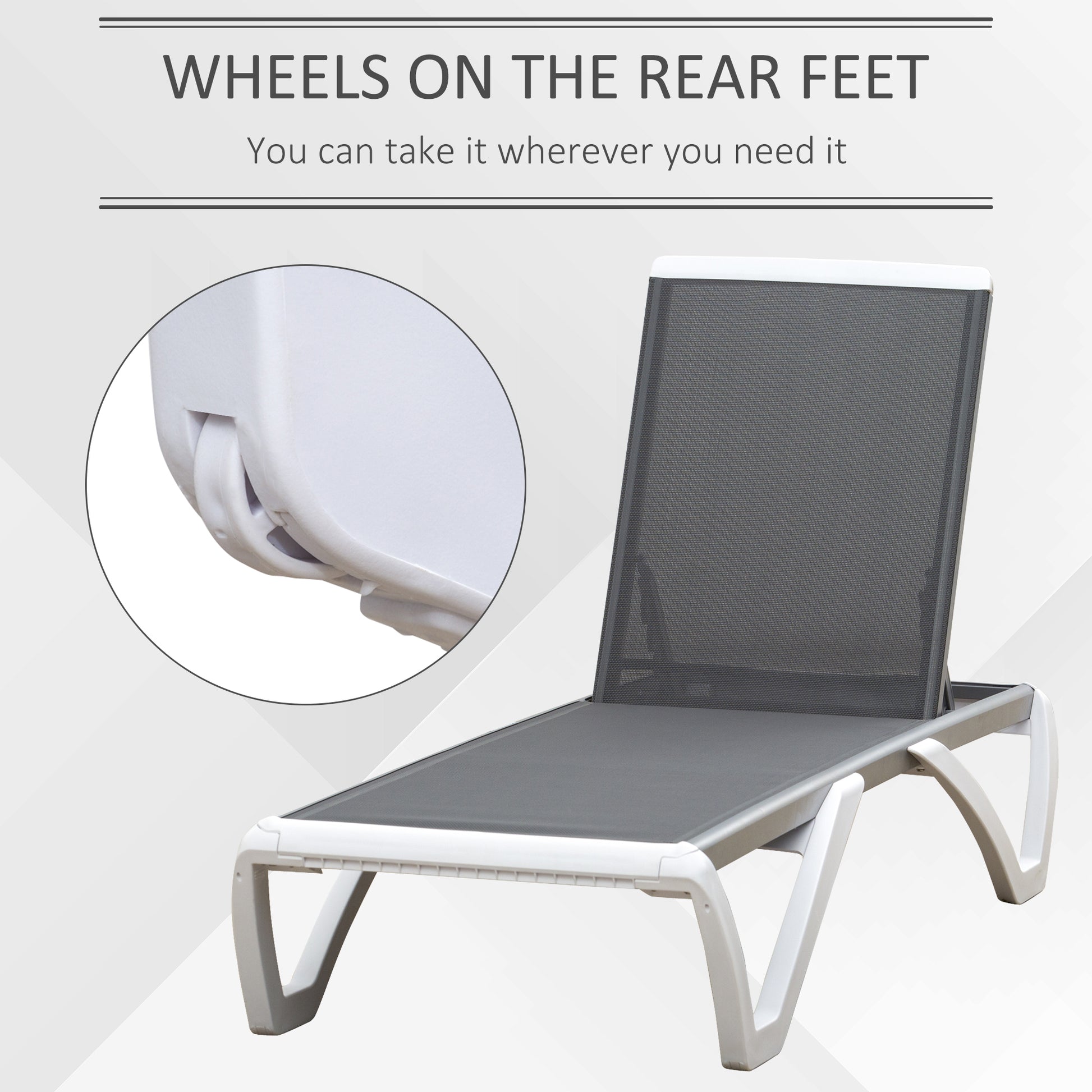 Outdoor Chaise Lounge Chair, Patio Aluminum Tanning Chair with 5-Level Adjustable Back, Portable Wheels, Breathable Mesh Fabric, for Pool, Deck, Garden, Grey