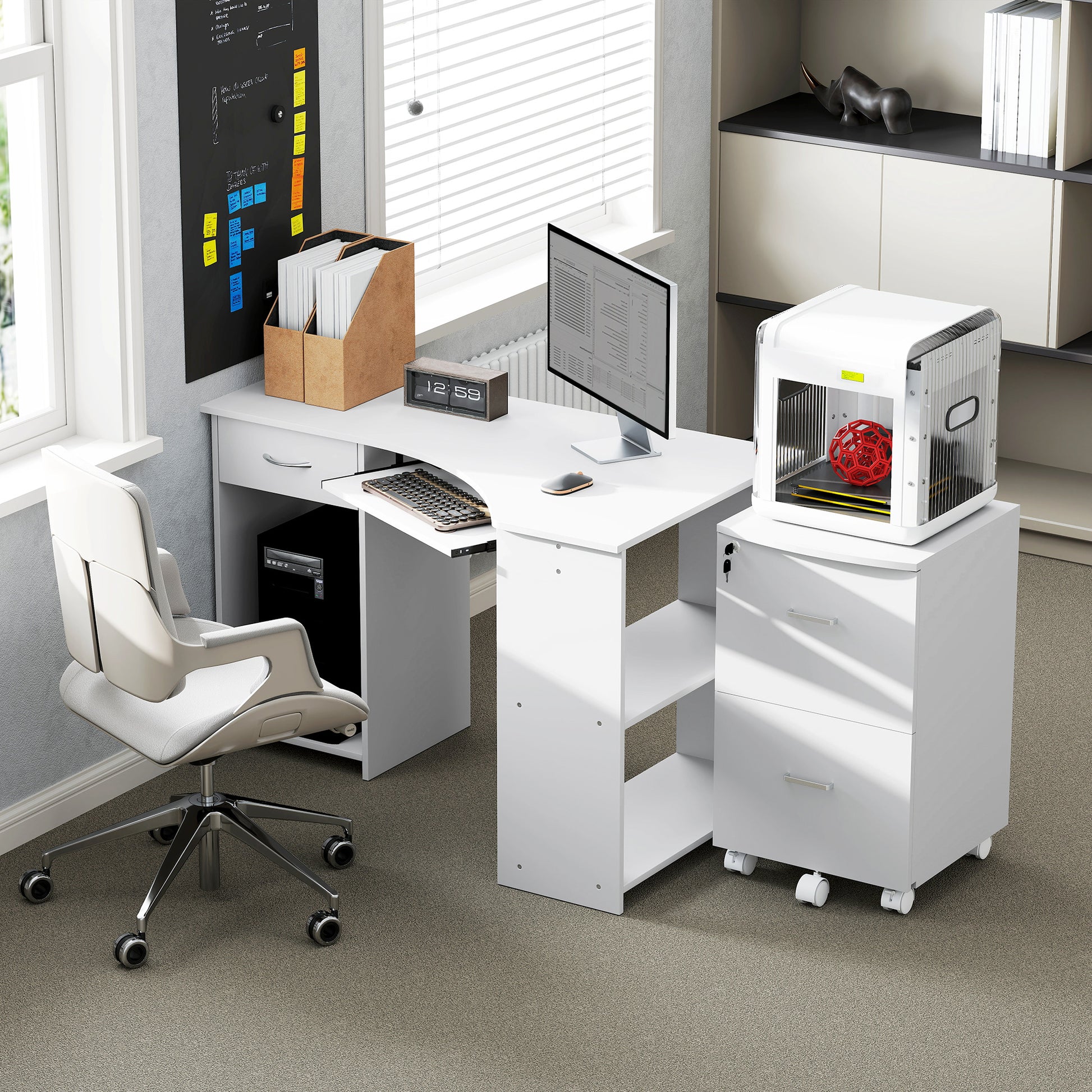 L-Shaped Computer Desk and File Cabinet Set for Bedroom, White