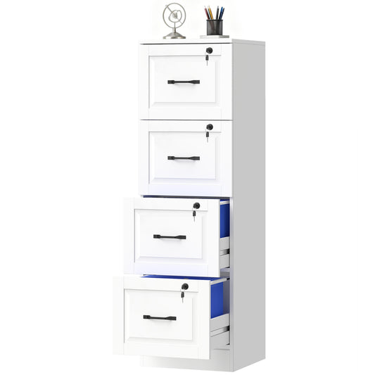 4 Drawer File Cabinet with Lock, Vertical Filing Cabinet with Adjustable Hanging Bars for A4 and Letter Size, White
