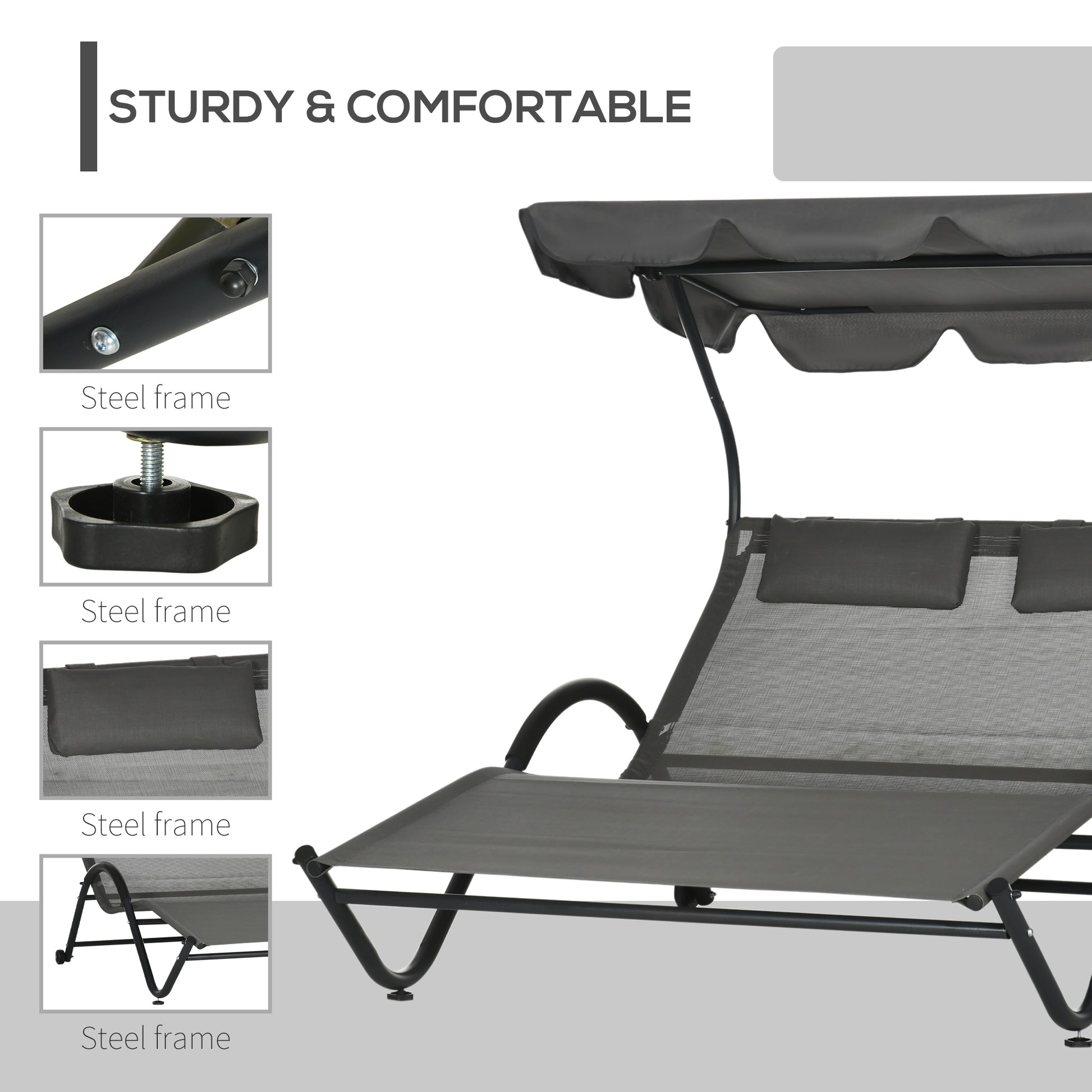 Outdoor Patio Chaise Lounge Chair, Patio Sun Lounger w/ Sunshade Roof, for Two People with Wheels and Breathable Sling Mesh Bed, Pillows, Dark Gray