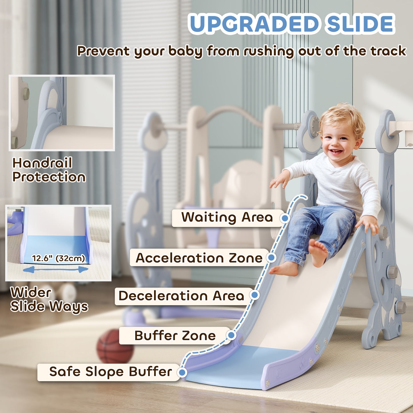 Qaba 4-in-1 Slide and Swing Set with Basketball Hoop, Climber, for Ages 1.5-4 Boys Girls Toddler, Rocket Themed, Light Blue