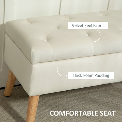 Storage Ottoman with Lid, Velvet Upholstered Storage Bench with Wood Legs for Living Room, Cream White