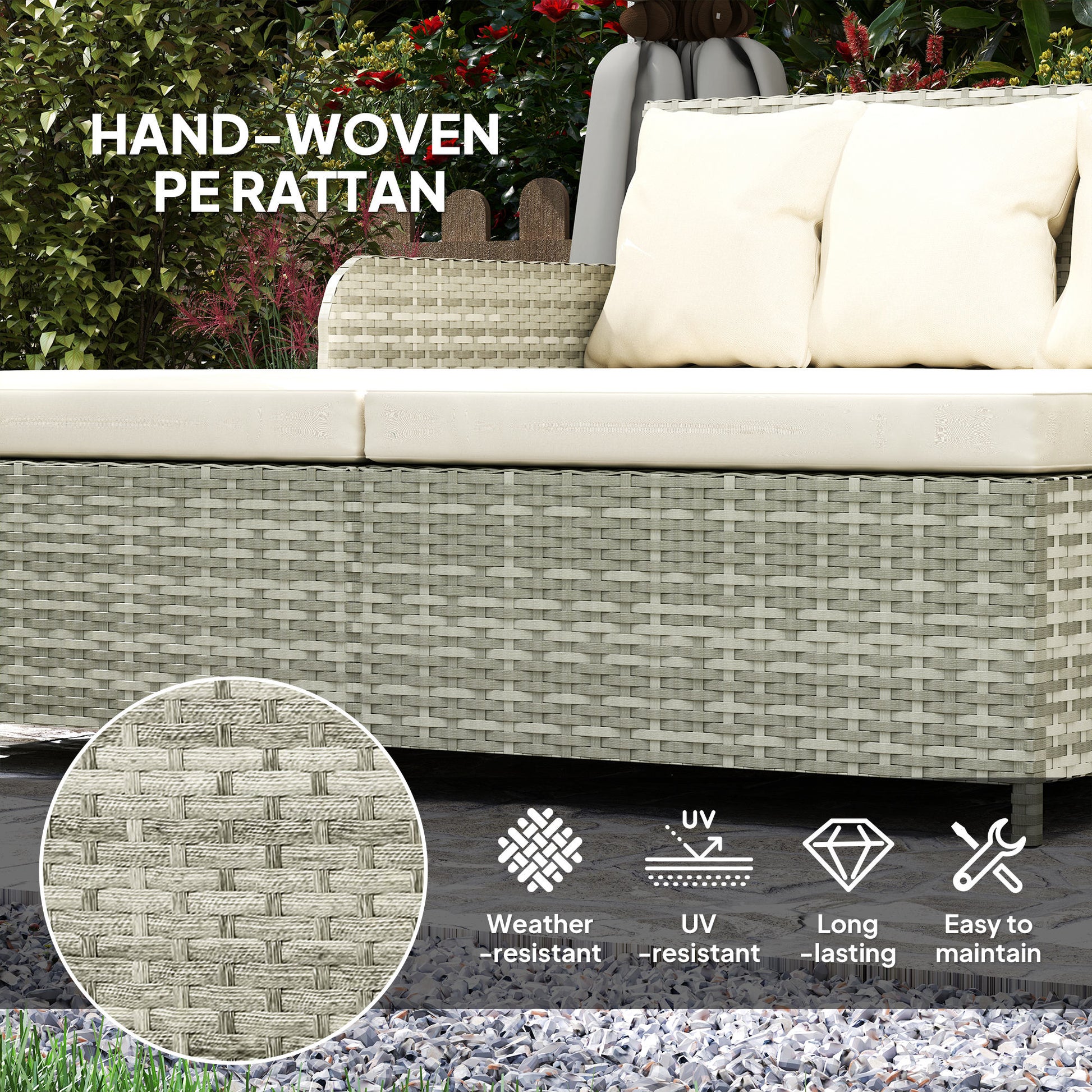 Rattan Outdoor Daybed, Sunbed Loveseat with Soft Cushions, 4 Pillows, Curved Backrest & Armrest, Beige