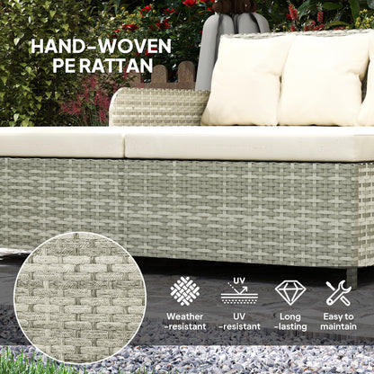 Rattan Outdoor Daybed, Sunbed Loveseat with Soft Cushions, 4 Pillows, Curved Backrest & Armrest, Beige