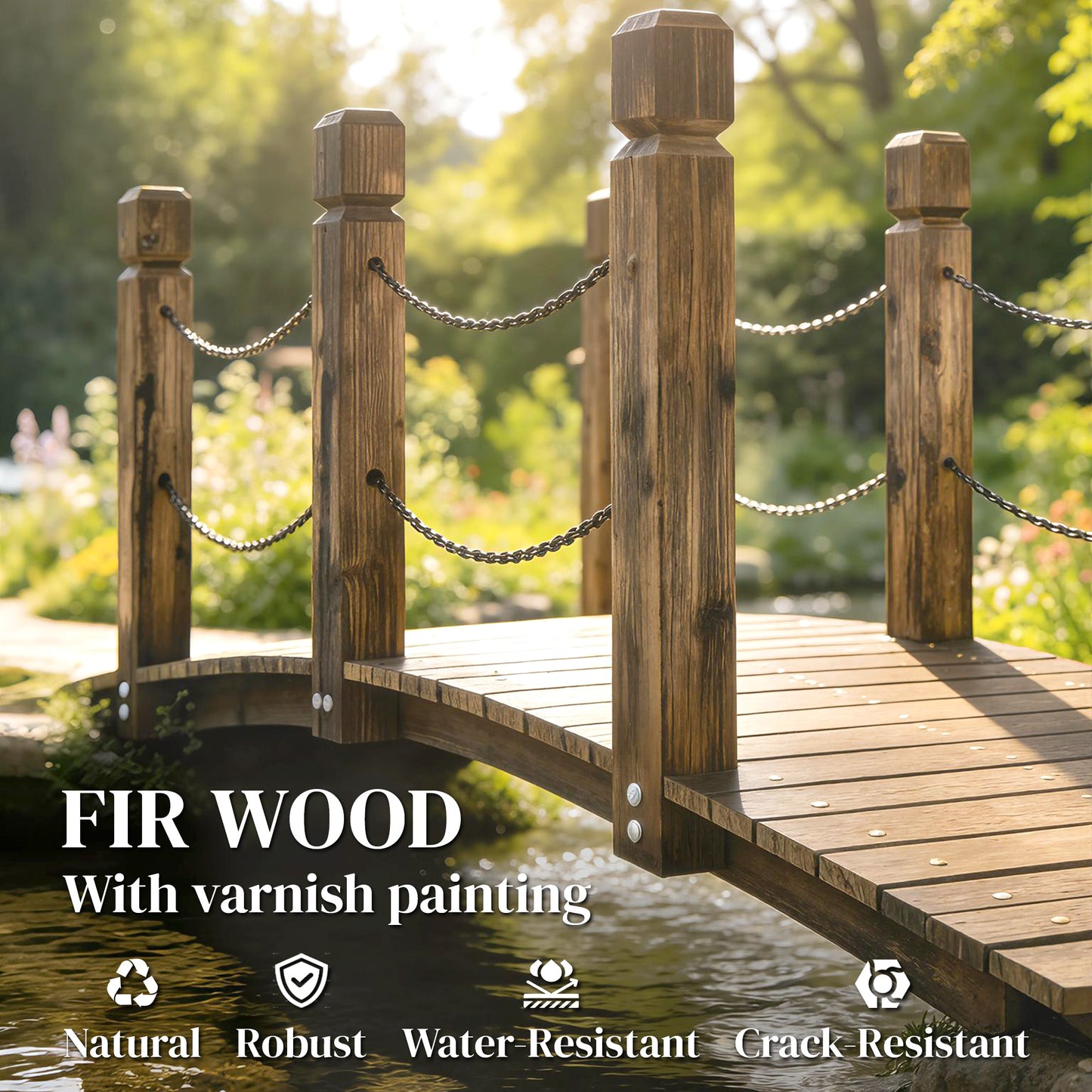 Garden Bridge Carbonized Wood Decorative Footbridge with Chain Handrails for Backyard Walkway 5ft Carbonized