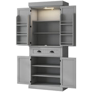 71" Kitchen Pantry Cabinet with LED Lights, 6 Spice Racks, a Drawer and 4 Adjustable Shelves, Grey