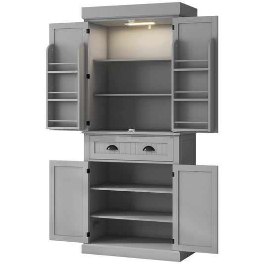 71" Kitchen Pantry Cabinet with LED Lights, 6 Spice Racks, a Drawer and 4 Adjustable Shelves, Grey