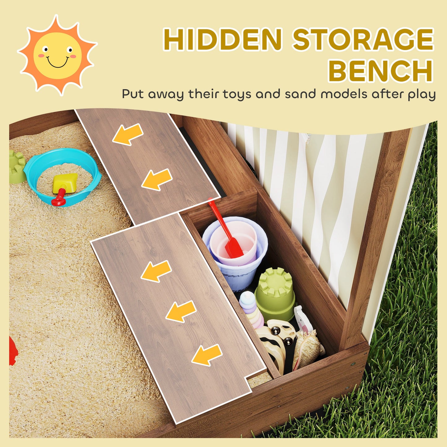 Qaba Kids Sandbox with Full Covered Canopy, Bench Seats, Bottom Liner, for Ages 3-6, 56" x 40" x 52", Brown