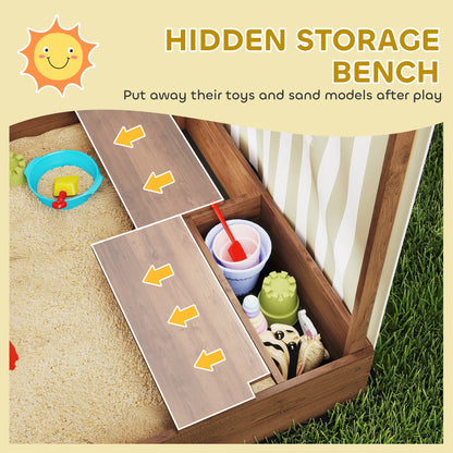 Qaba Kids Sandbox with Full Covered Canopy, Bench Seats, Bottom Liner, for Ages 3-6, 56" x 40" x 52", Brown