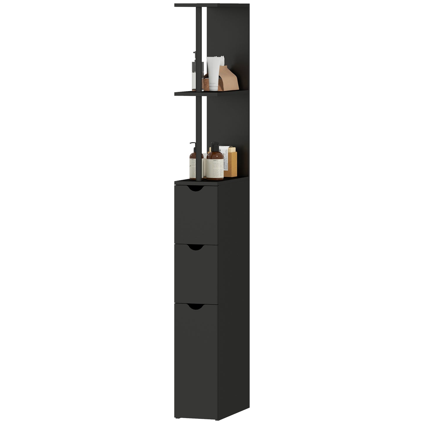 Tall Bathroom Storage Cabinet, Narrow Bathroom Cabinet with Drawers and Open Shelves for Small Spaces, Black