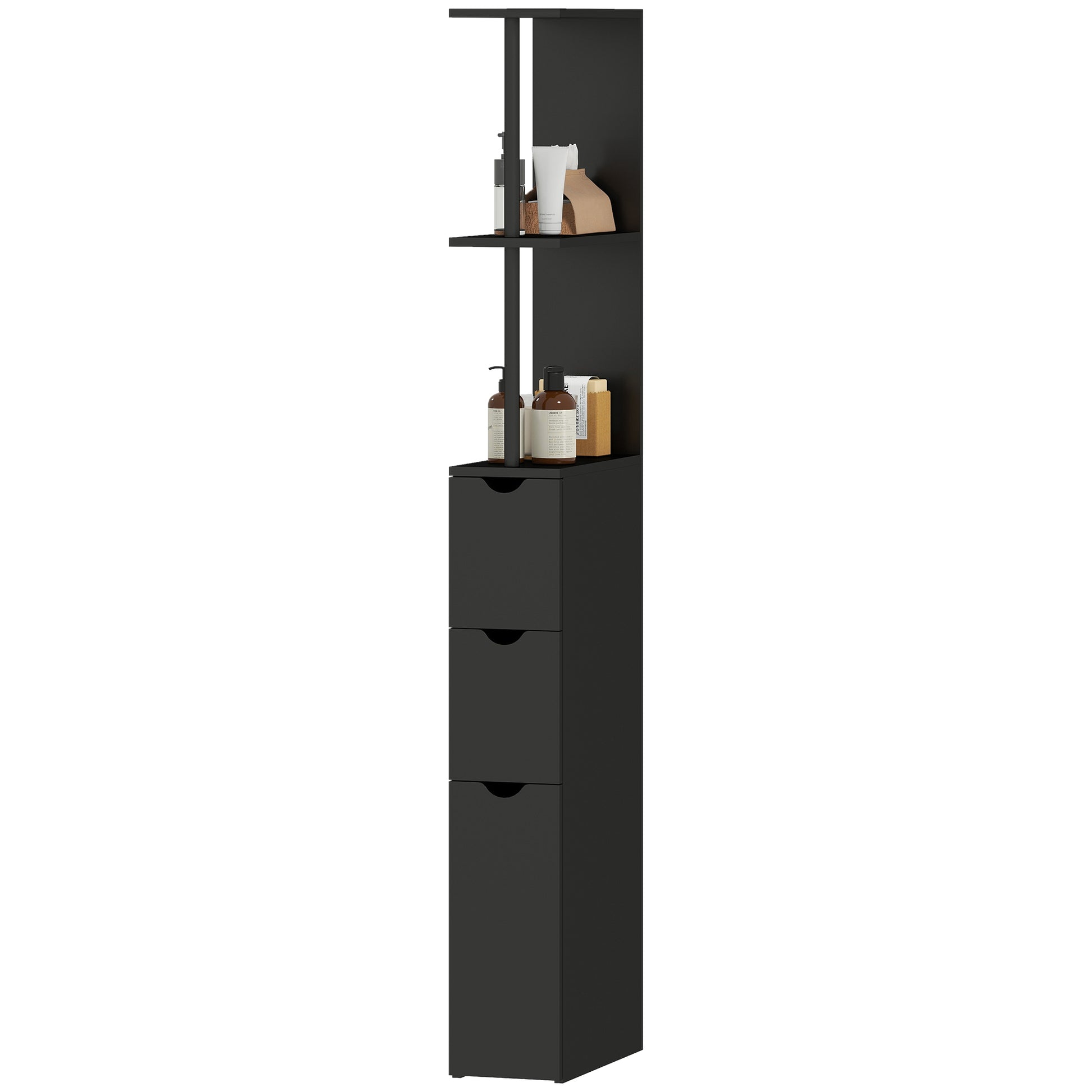 Tall Bathroom Storage Cabinet, Narrow Bathroom Cabinet with Drawers and Open Shelves for Small Spaces, Black