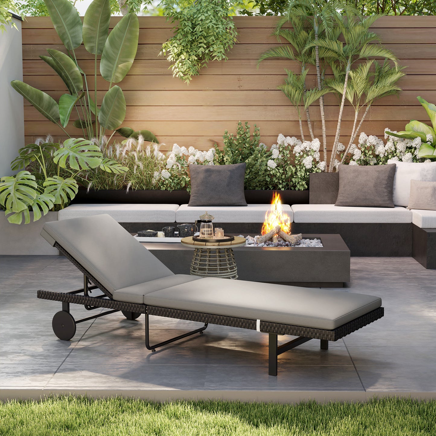 PE Rattan Tanning Chair, Outdoor Patio Lounger with 5-Level Adjustable Back, Wheels and Cushion, Grey