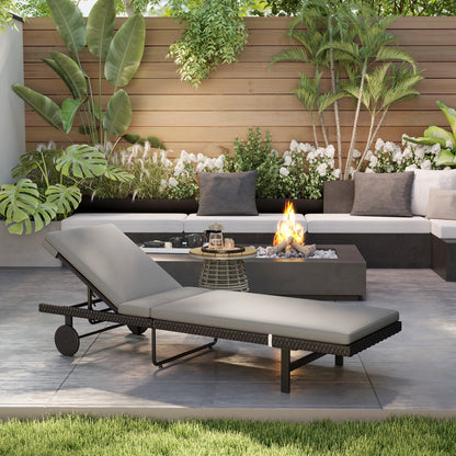 PE Rattan Tanning Chair, Outdoor Patio Lounger with 5-Level Adjustable Back, Wheels and Cushion, Grey