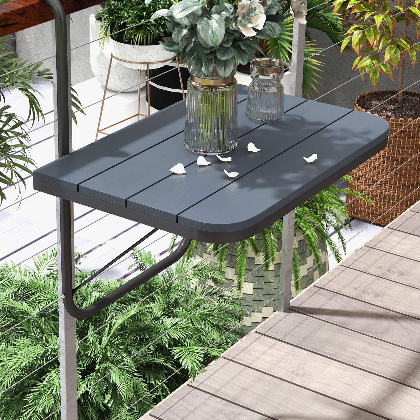 Outdoor Hanging Table, Adjustable Balcony Railing Table, Aluminum Mounting Wall Desk Rack, Foldable Outdoor Flower Stand Serving Table Rectangle, Black