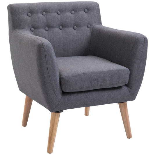 Linen Upholstery Armchair, Mid-Century Modern Accent Chair with Wood Frame and Thick Padding, Light Grey