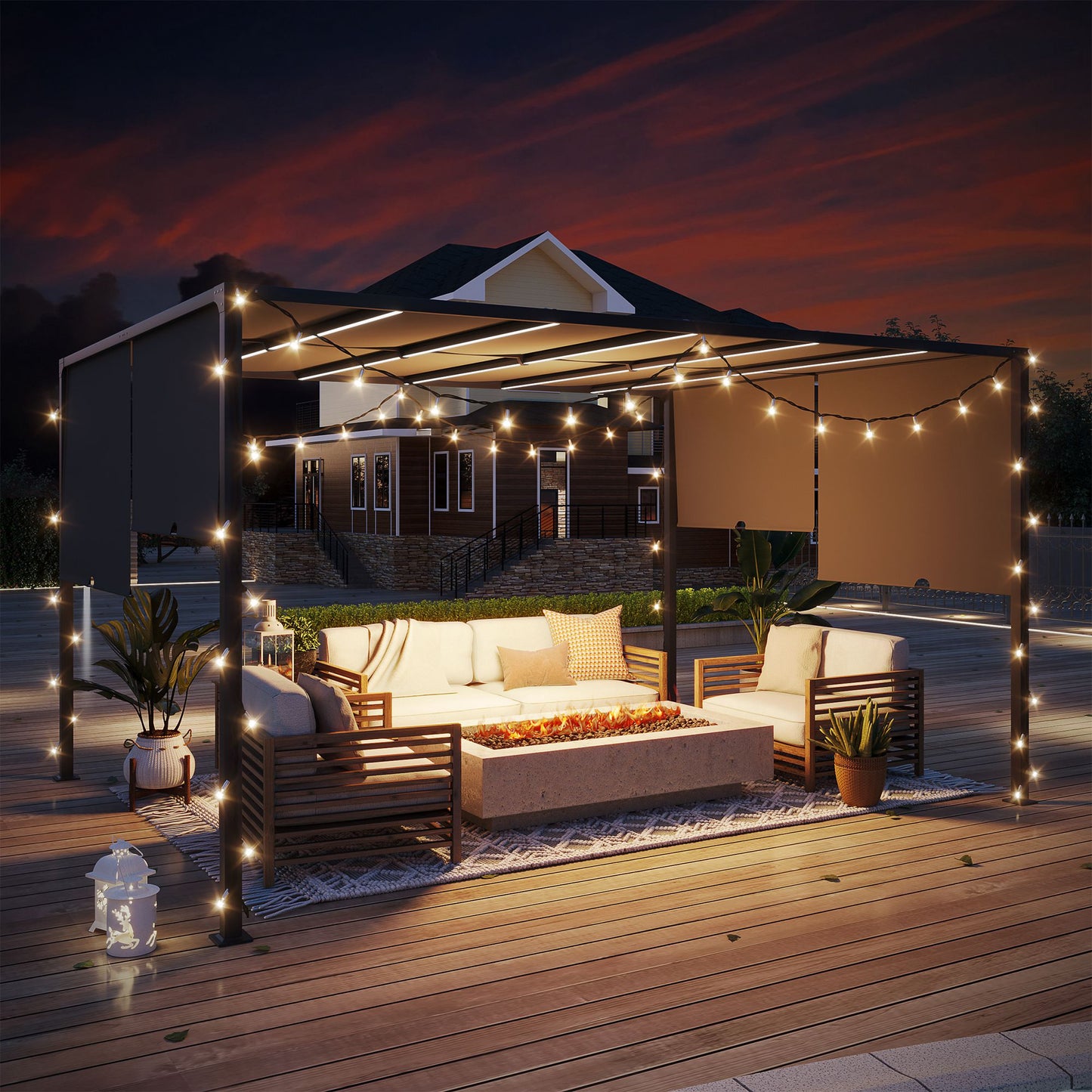 10' x 13' Outdoor Patio Pergola with Sliding Roof, LED Lights, Solar Powered for Garden, Lawn, Backyard, Dark Grey