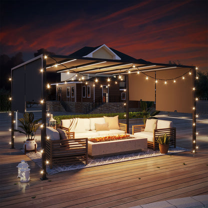 10' x 13' Outdoor Patio Pergola with Sliding Roof, LED Lights, Solar Powered for Garden, Lawn, Backyard, Dark Grey