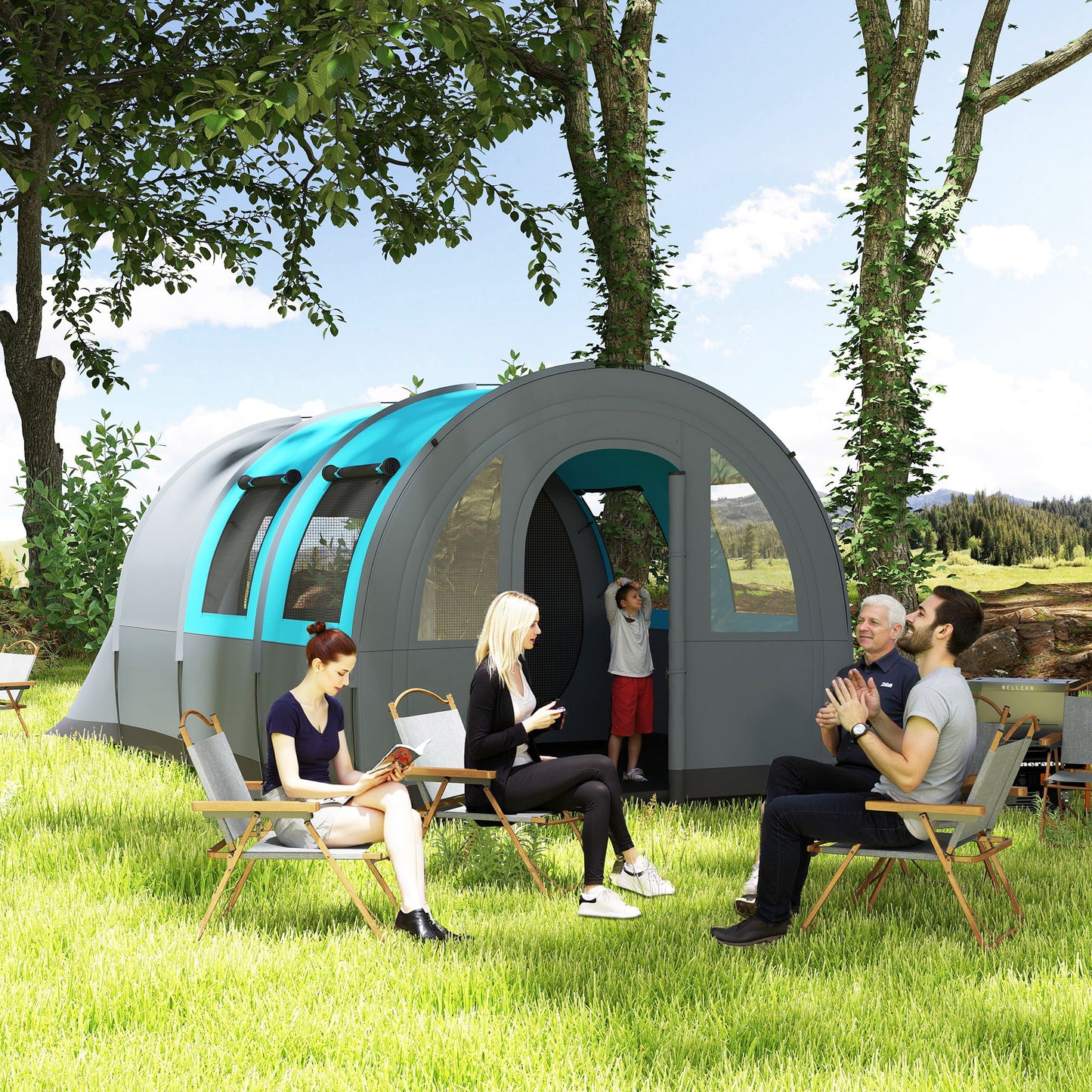 5-6 Person Camping Tent with Living Room and Bedroom, 3000mm Waterproof Tunnel Large Family Tent, Grey and Blue