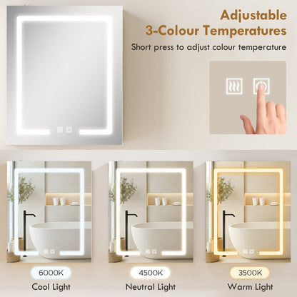 Bathroom Medicine Cabinet with Lights, Wall Mounted Mirror Cabinet with Demister Pad, Adjustable Shelves, White