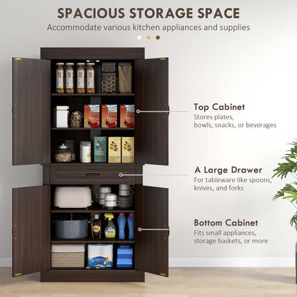 71" Freestanding Kitchen Pantry with 4 Doors and 2 Cabinets, Tall Storage Cabinet for Kitchen, Distressed Coffee
