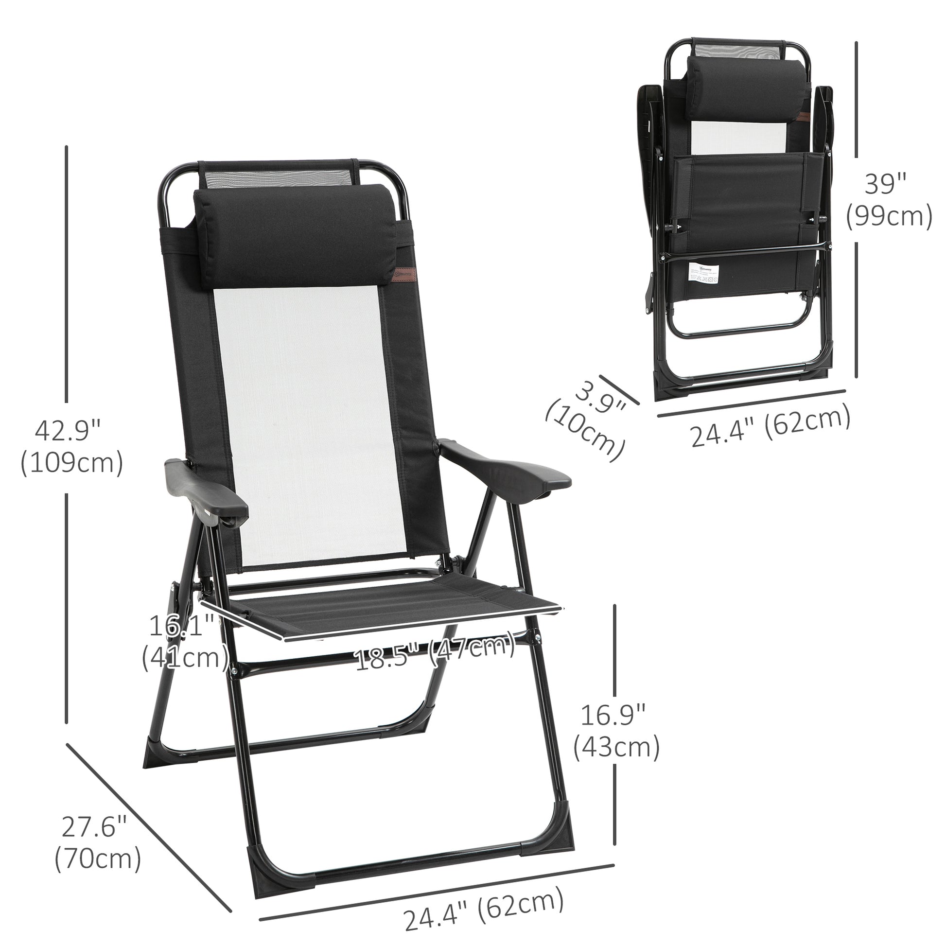 Double Camping Chairs Foldable w/ Reclining & Headrest, Black