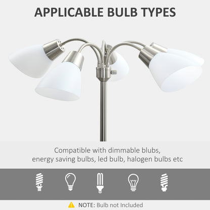 Arc Tree Floor Lamp with 5 Adjustable Rotating Lights, Modern Standing Gooseneck Reading Light for Living Room Bedroom Office, Satin Nickel