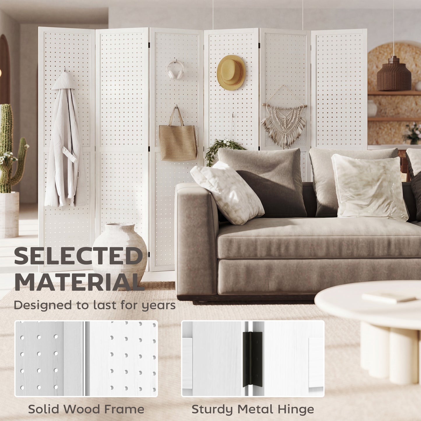 5.6 Ft. Tall 6-Panel Room Divider, Pegboard Panel Folding Privacy Screen, Partition Wall Divider for Bedroom, White