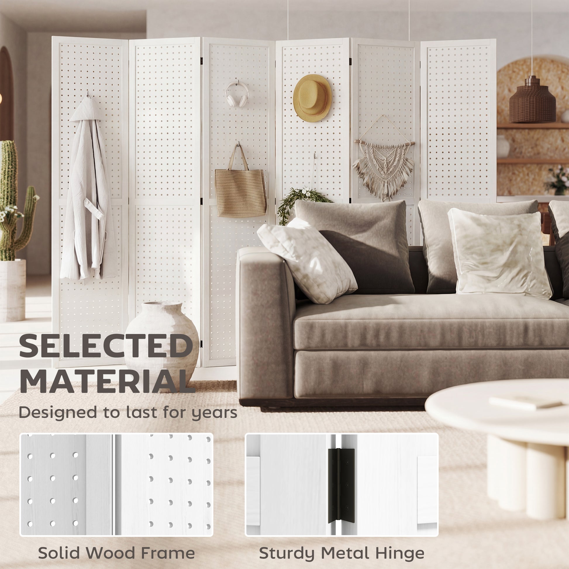 5.6 Ft. Tall 6-Panel Room Divider, Pegboard Panel Folding Privacy Screen, Partition Wall Divider for Bedroom, White