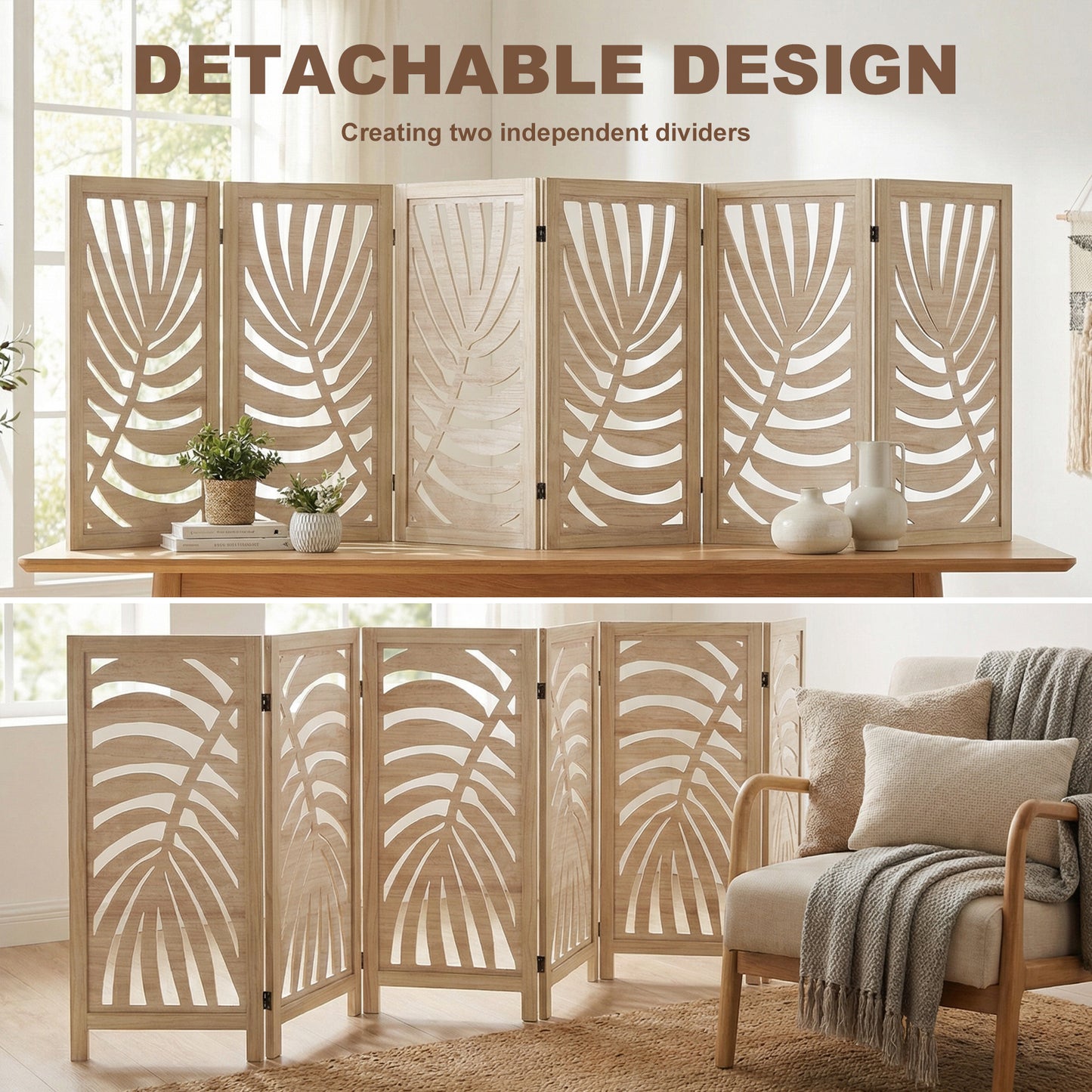 6 Panel Room Divider, Detachable Folding Privacy Screens with Palm Leaf Design for Home Office, Natural Wood