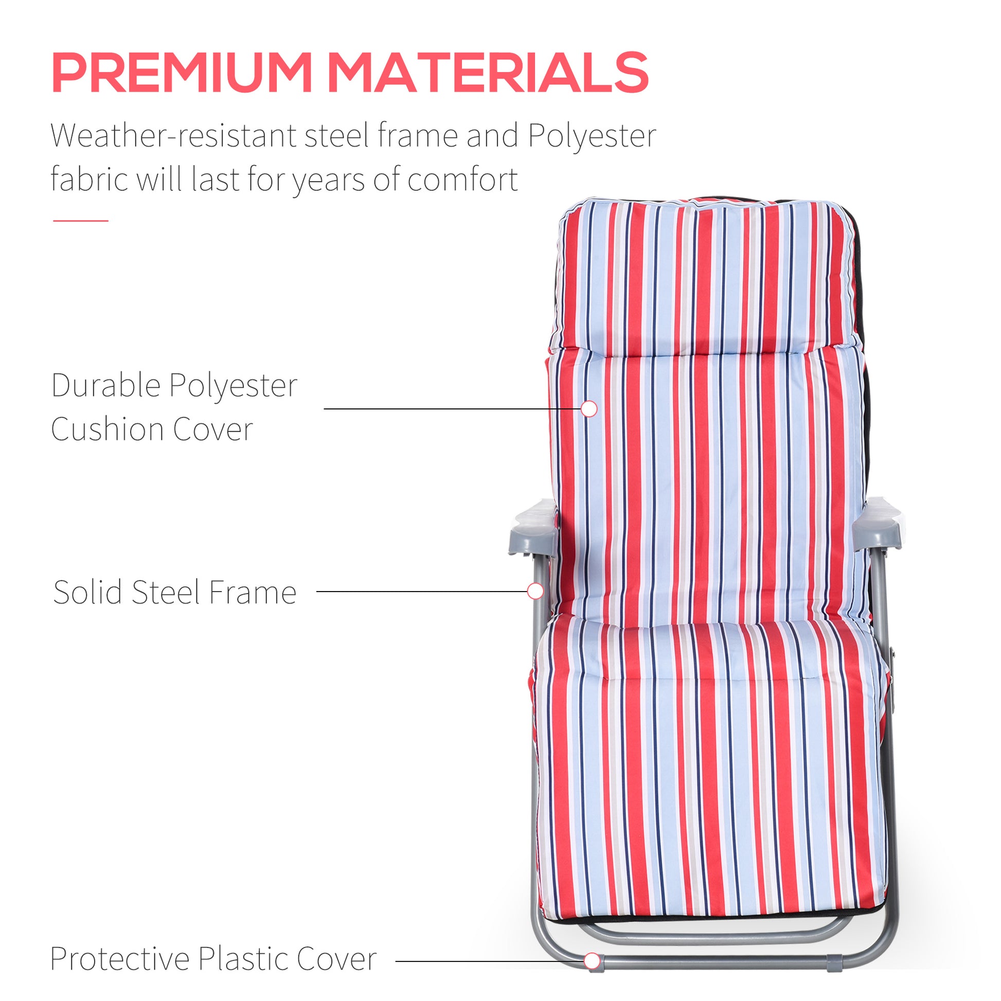 Set of 2 Garden Sun Lounger, Outdoor Reclining Seat Cushioned Seat, Foldable Adjustable Recliner, Grey and Red